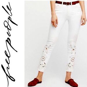 Free People Cutwork Cigarette Jeans Boho Fringe Floral Ivory 24